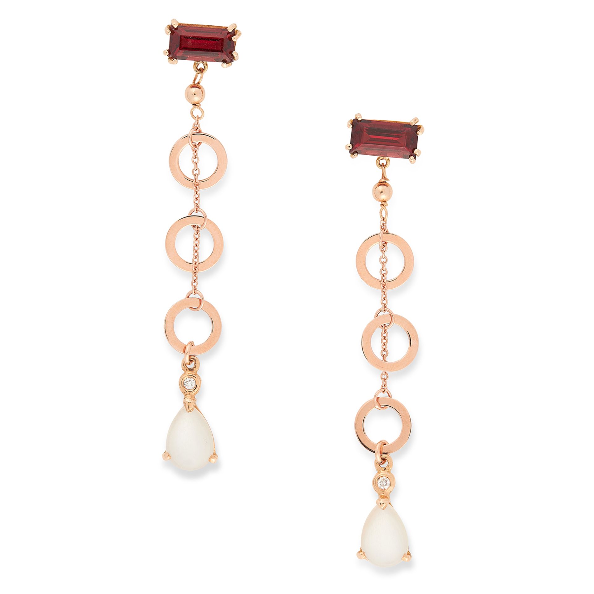 GEMSET DROP EARRINGS each set with an emerald cut garnet, round cut diamond and cabochon white