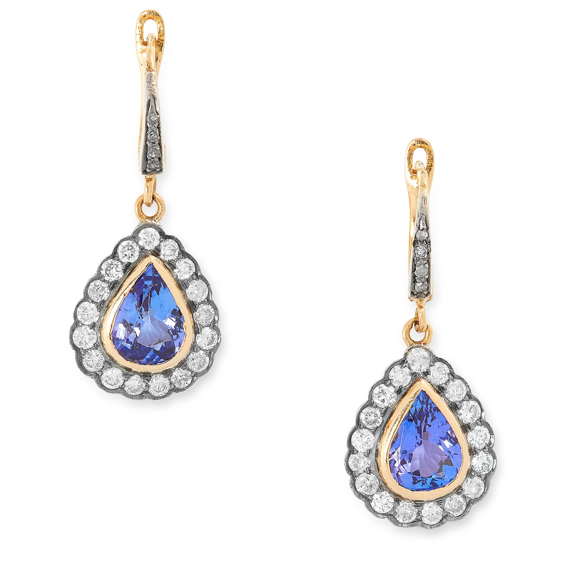 TANZANITE AND DIAMOND CLUSTER EARRINGS each set with a pear cut tanzanite in a cluster of round