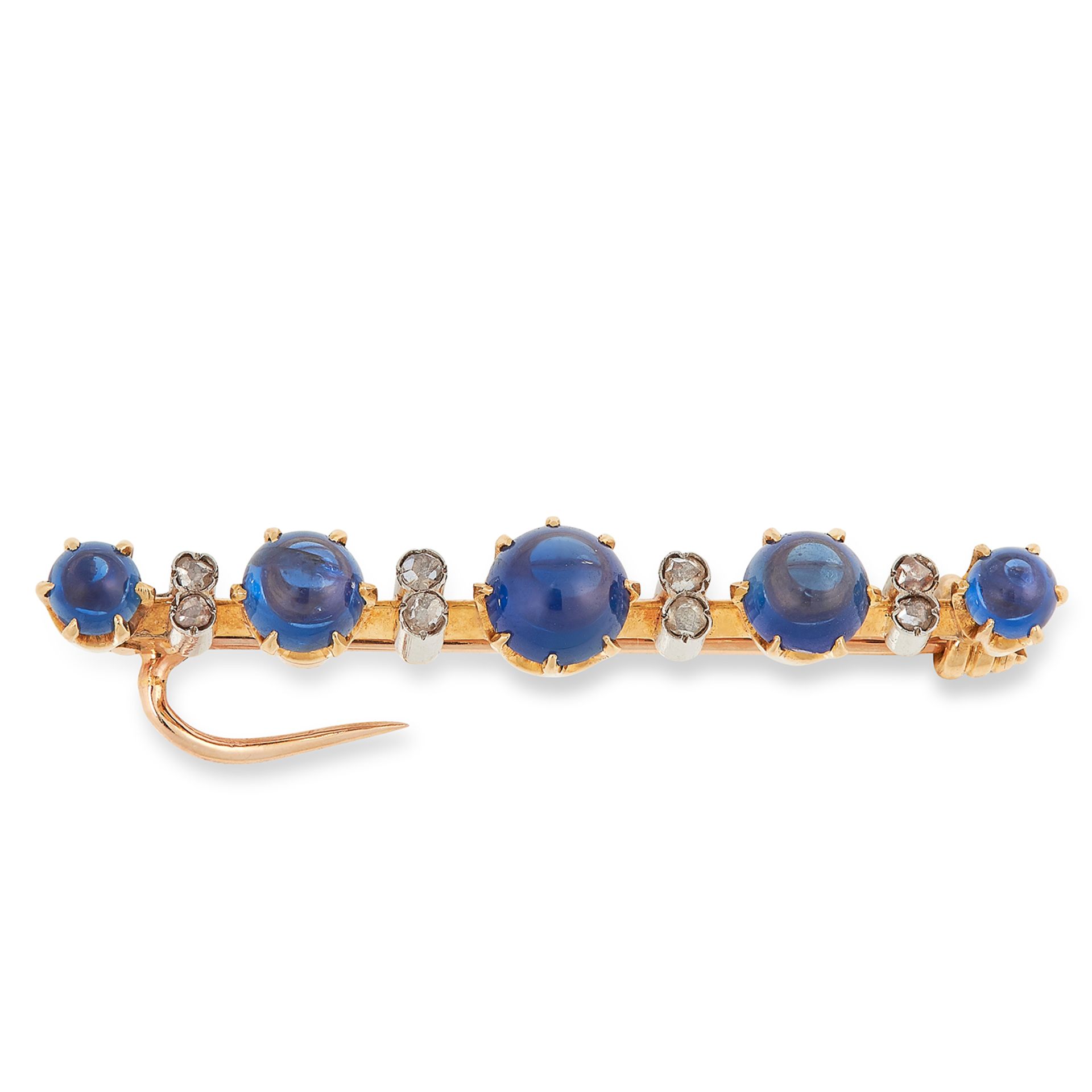 DIAMOND AND GEMSTONE BROOCH set with alternating rose cut diamonds and cabochon blue gemstones, 3.