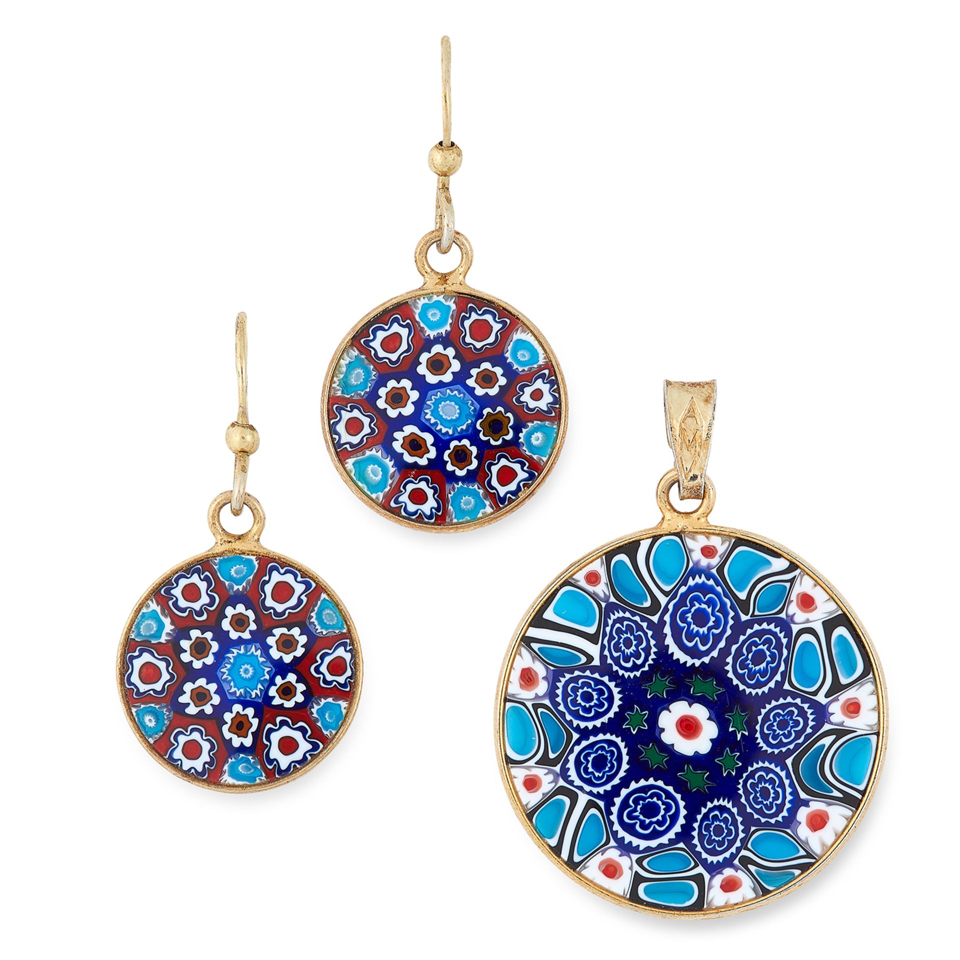 MOSAIC SUITE comprising of an enamelled pair of earrings and a pendant in floral design, total