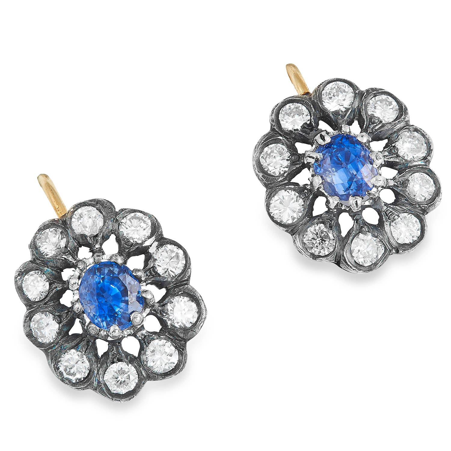 SAPPHIRE AND DIAMOND CLUSTER EARRINGS each set with an oval cut sapphire in a cluster of round cut