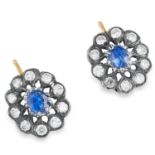 SAPPHIRE AND DIAMOND CLUSTER EARRINGS each set with an oval cut sapphire in a cluster of round cut