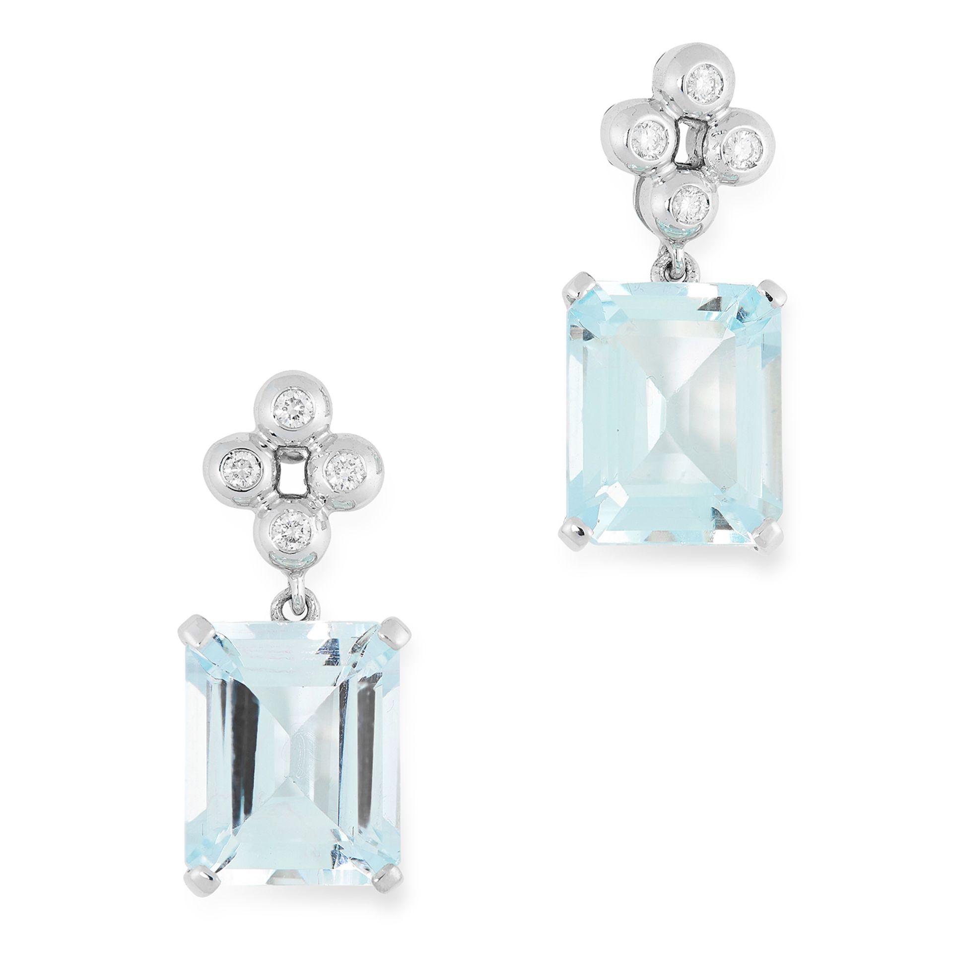 AQUAMARINE AND DIAMOND EARRINGS each set with round cut diamonds and emerald cut aquamarines, 2cm,