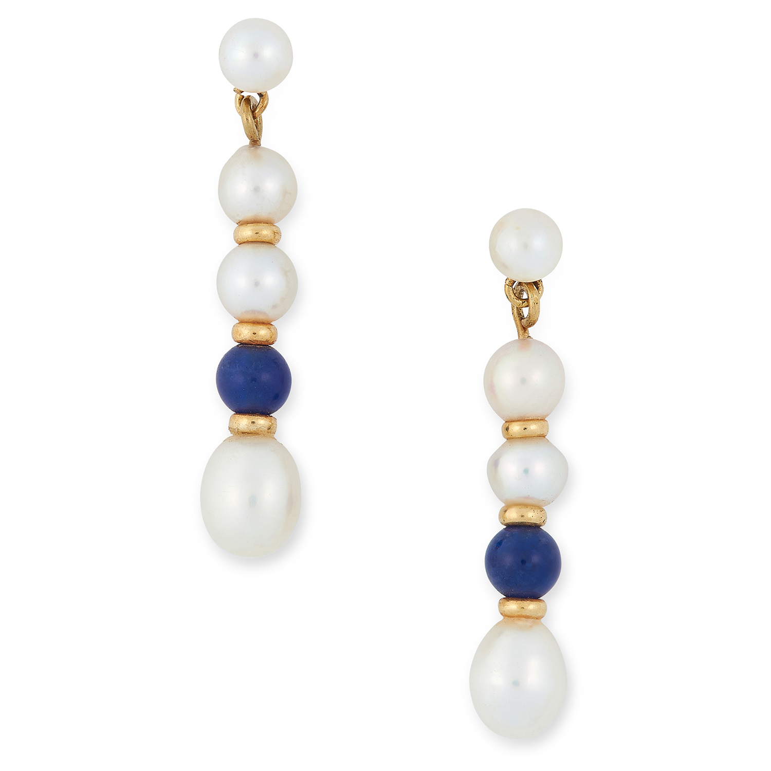 THREE PAIRS OF GOLD EARRINGS including a pair of tricolour drops, a pair of pearl and blue hardstone