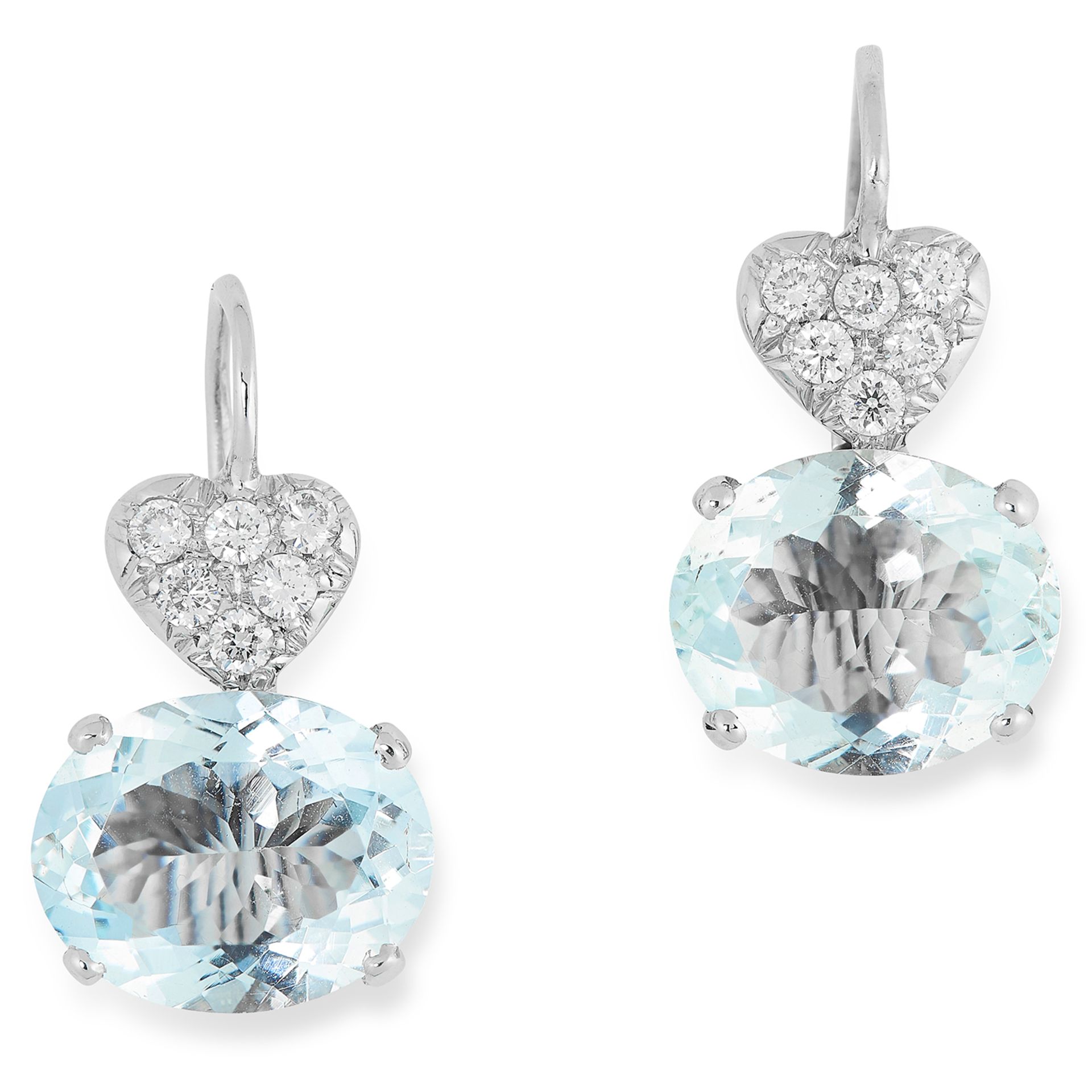 PAIR OF AQUAMARINE AND DIAMOND EARRINGS each set with round cut diamonds above an oval cut