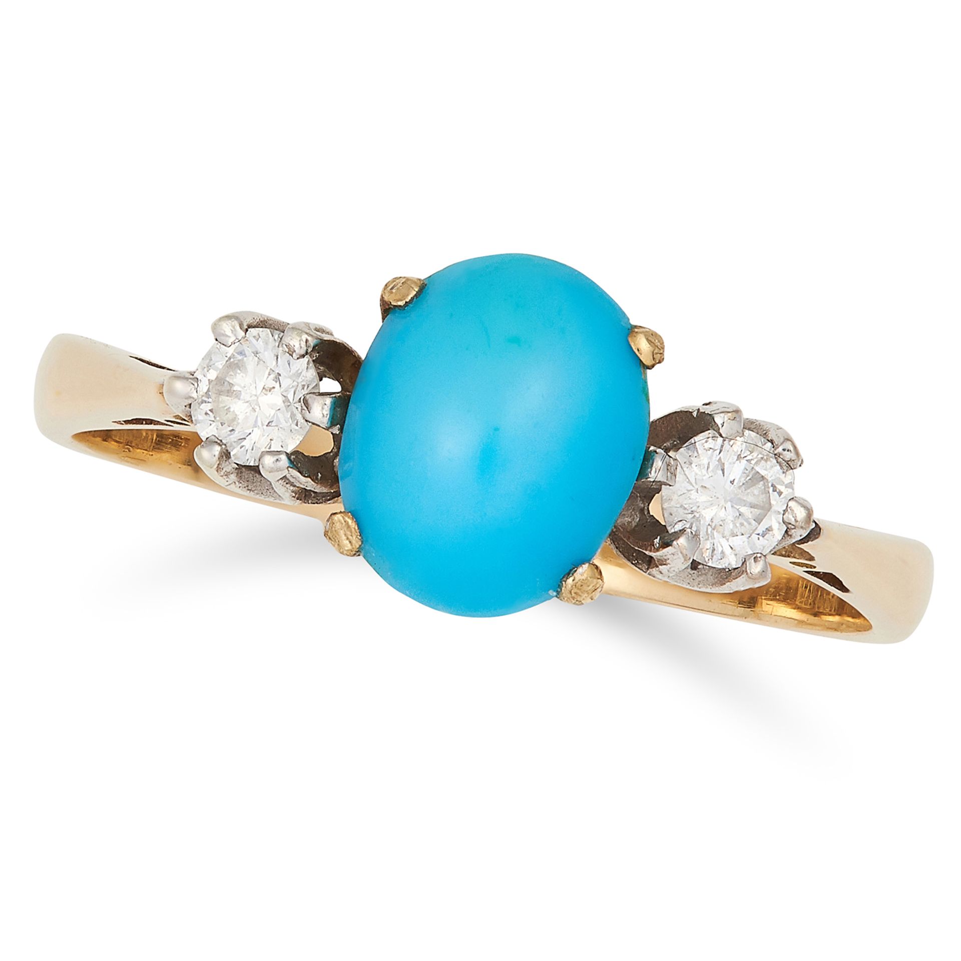 TURQUOISE AND DIAMOND THREE STONE RING set with a cabochon turquoise between two round cut diamonds,