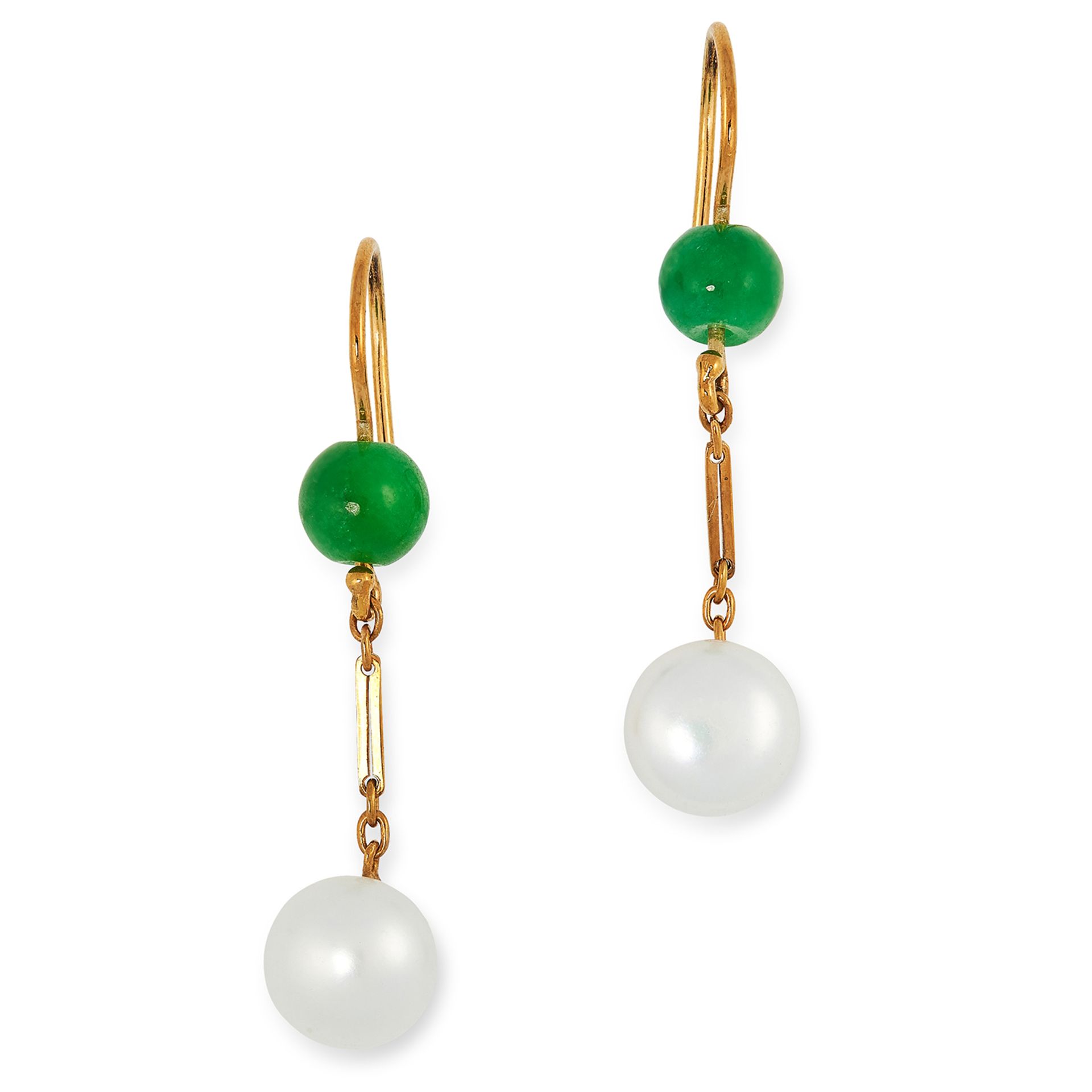 JADE AND PEARL EARRINGS each set with a jade bead suspending a pearl, 3.6cm, 2.5g.