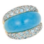 BLUE HARDSTONE BOMBE RING, set with a blue hard stone and round cut blue stones, size M / 6, 7.1g.