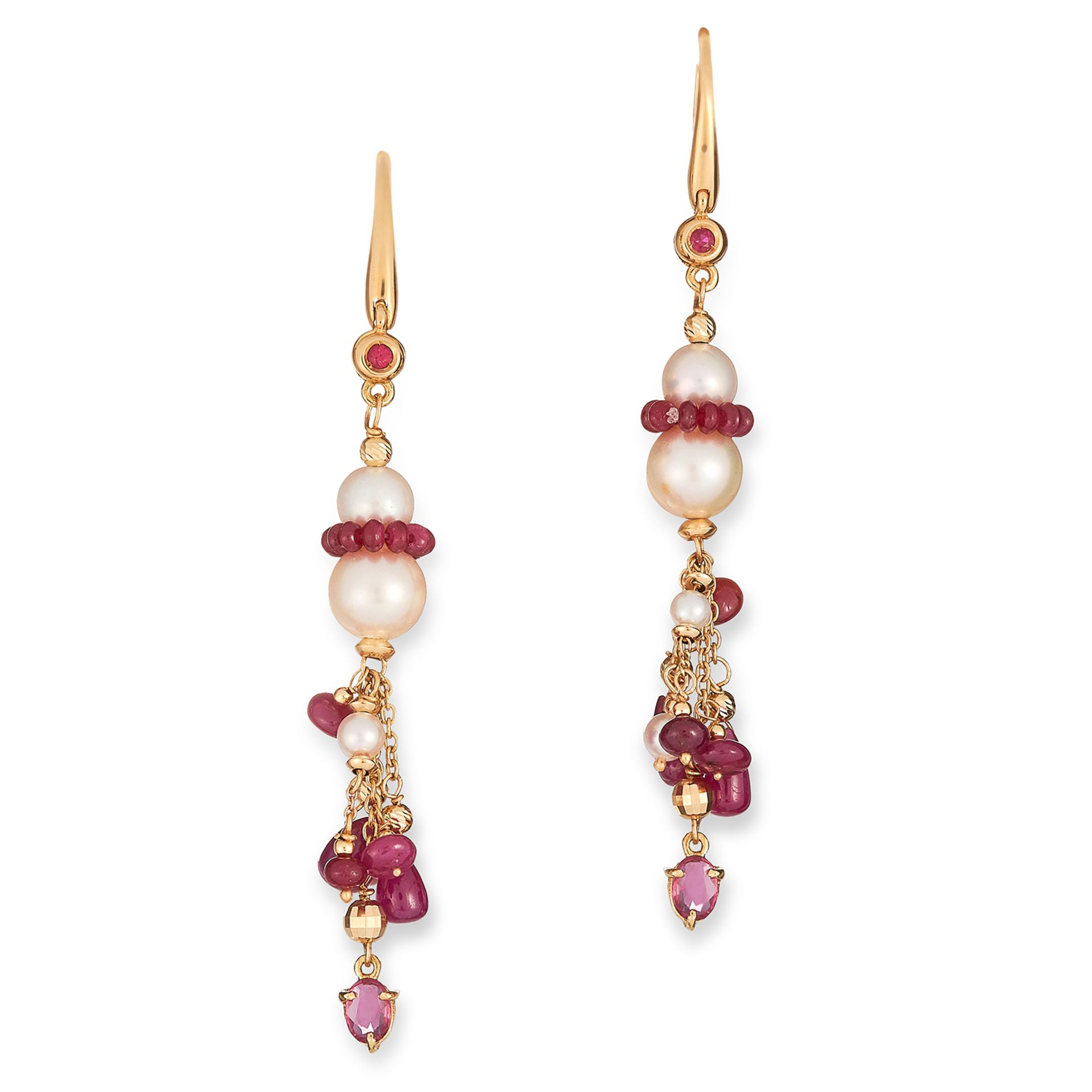 PEARL AND RUBY EARRINGS comprising of pearl and polished ruby beads, 8.1cm, 12.5g.