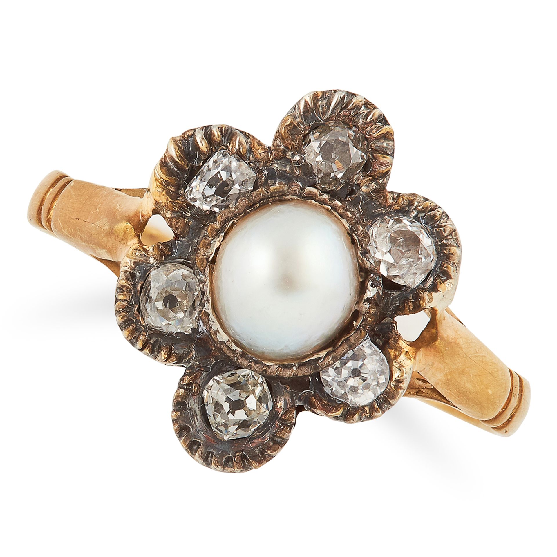 PEARL AND DIAMOND CLUSTER RING comprising of a pearl in a border of old cut diamonds, size P / 7.