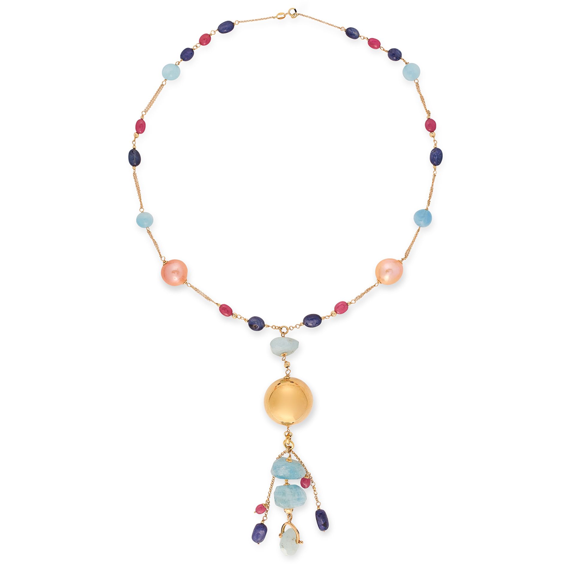 GEMSTONE BEAD NECKLACE set with pearls, pale blue, blue and red gemstone beads, 50cm, 43.3g.