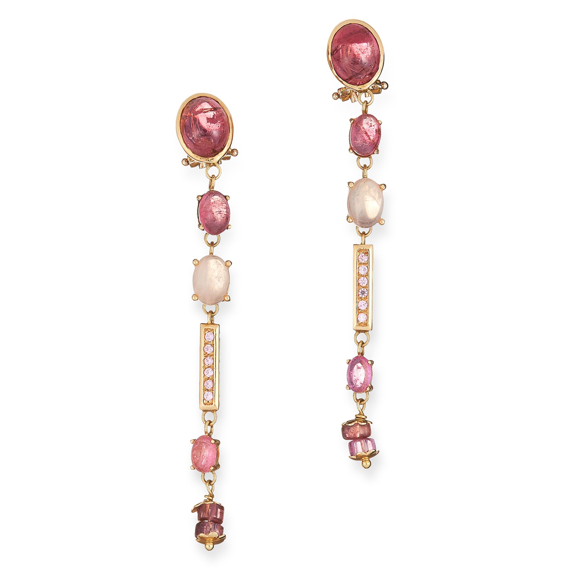 TOURMALINE AND DIAMOND EARRINGS set with cabochon tourmaline and round cut diamonds, 7cm, 12.3g.