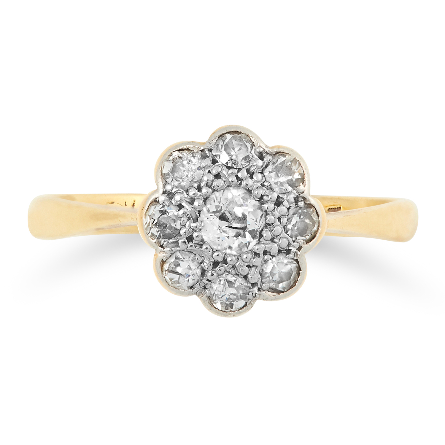 DIAMOND CLUSTER RING set with a cluster of round cut diamonds in floral design, size M / 6, 3.6g.