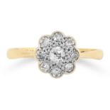 DIAMOND CLUSTER RING set with a cluster of round cut diamonds in floral design, size M / 6, 3.6g.