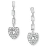 DIAMOND DROP EARRINGS each set with three baguette cut diamonds suspending round cut diamond drop,