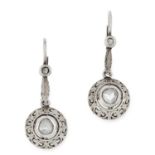 DIAMOND DROP EARRINGS each set with a rose cut diamond surrounded by floral motifs, below a