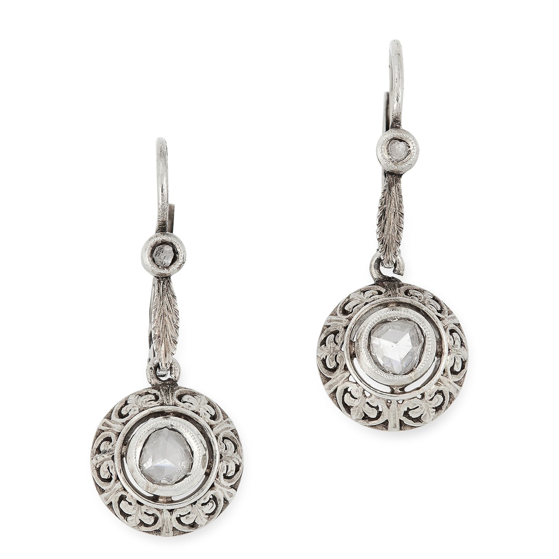 DIAMOND DROP EARRINGS each set with a rose cut diamond surrounded by floral motifs, below a