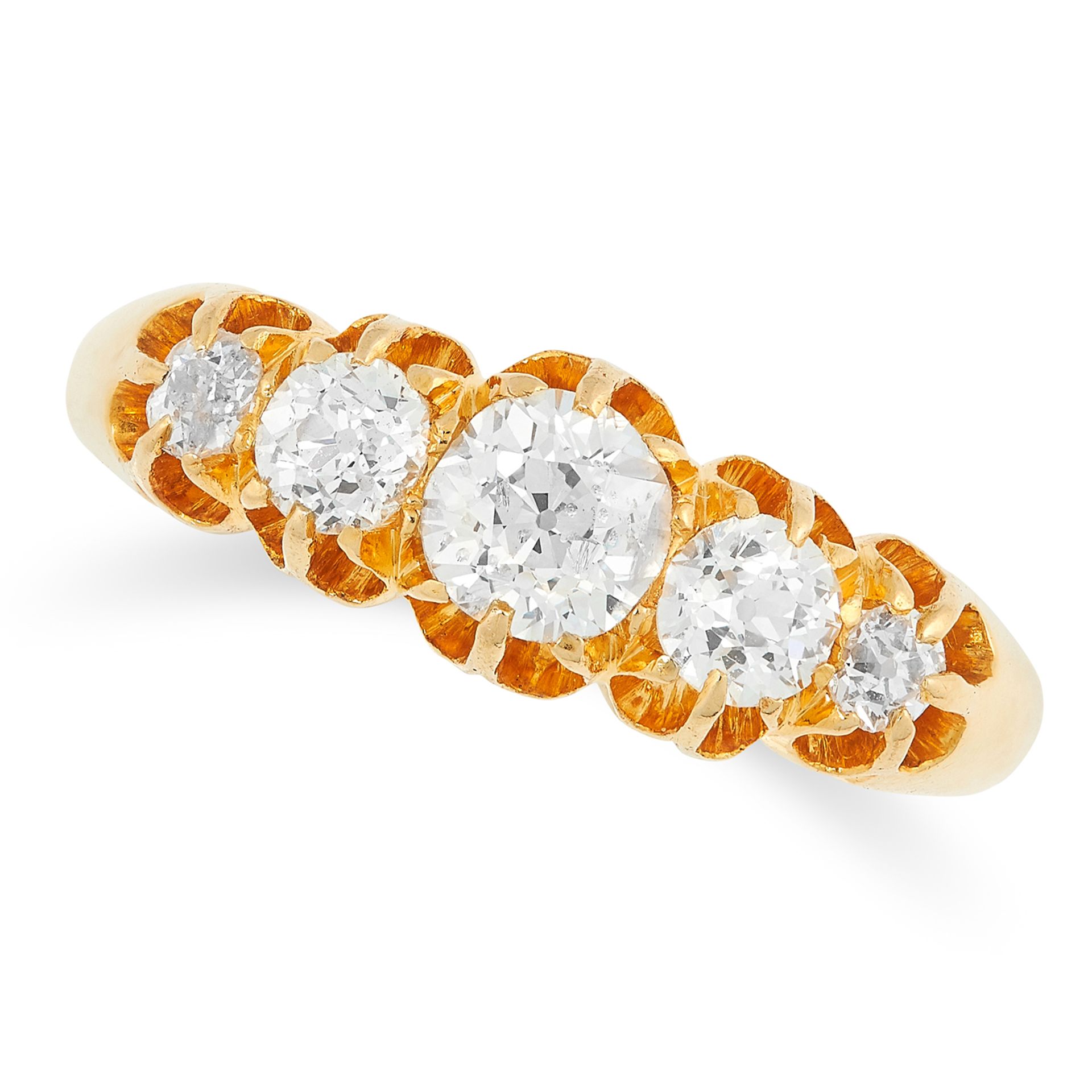 ANTIQUE DIAMOND FIVE STONE RING set with old cut diamonds, British hallmarks, size P / 7.5, 5.2g.