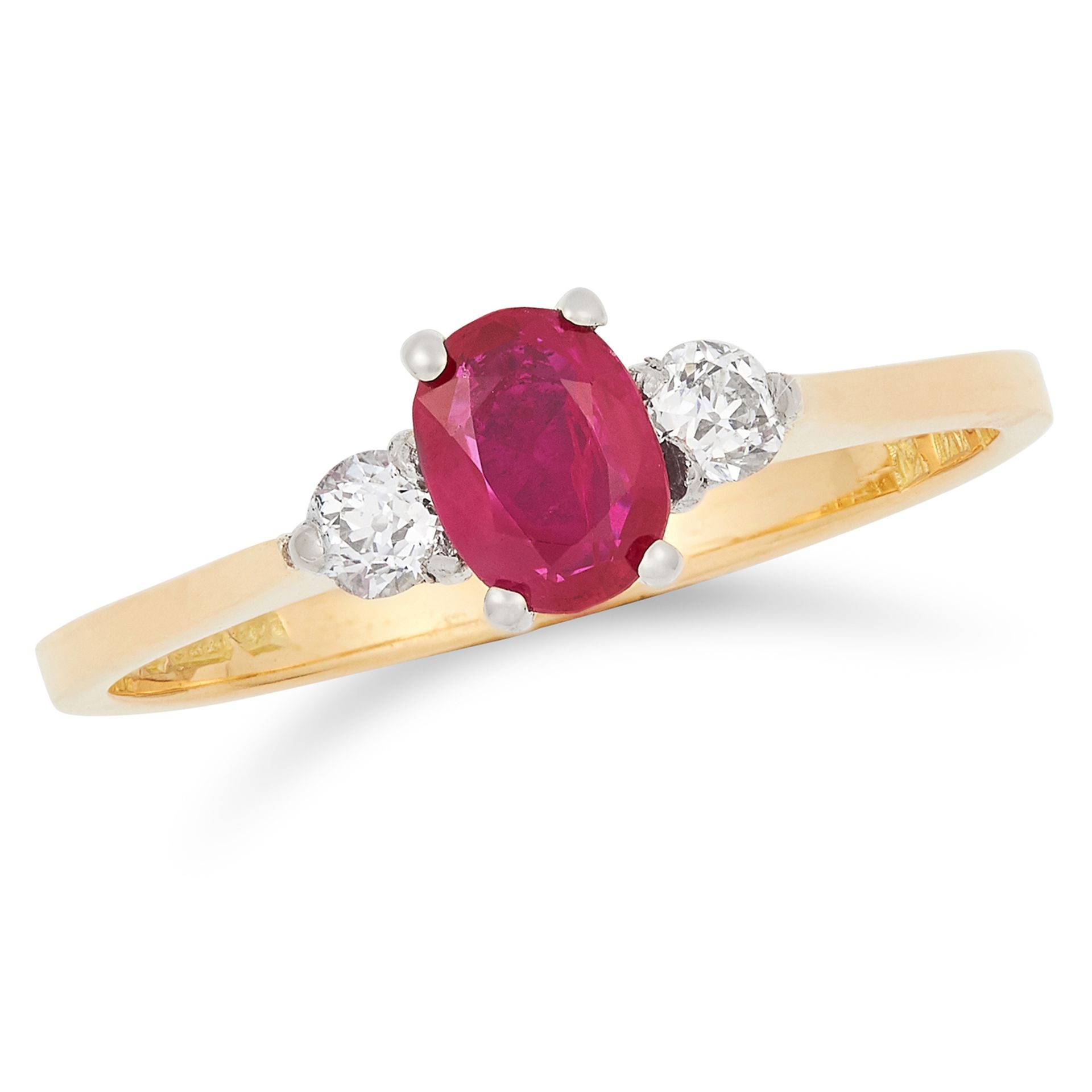 RUBY AND DIAMOND RING set with an oval cut ruby between two round cut diamonds, size L / 6, 2g.