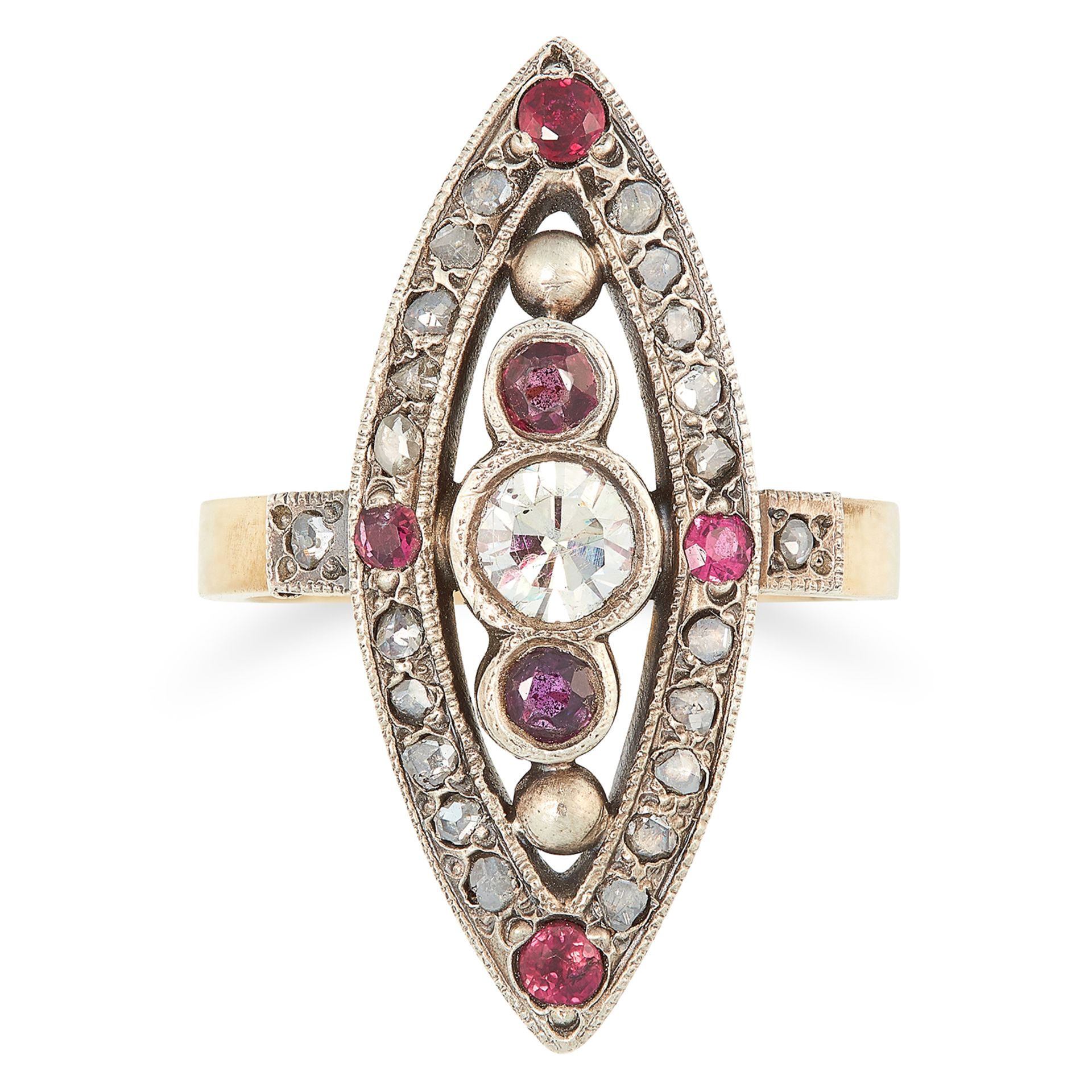 RUBY AND DIAMOND NAVETTE RING set with round cut rubies, a central round cut diamond and rose cut