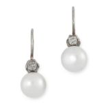 DIAMOND AND PEARL EARRINGS each comprising of an old cut diamond suspending a pearl, 2cm, 2.4g.