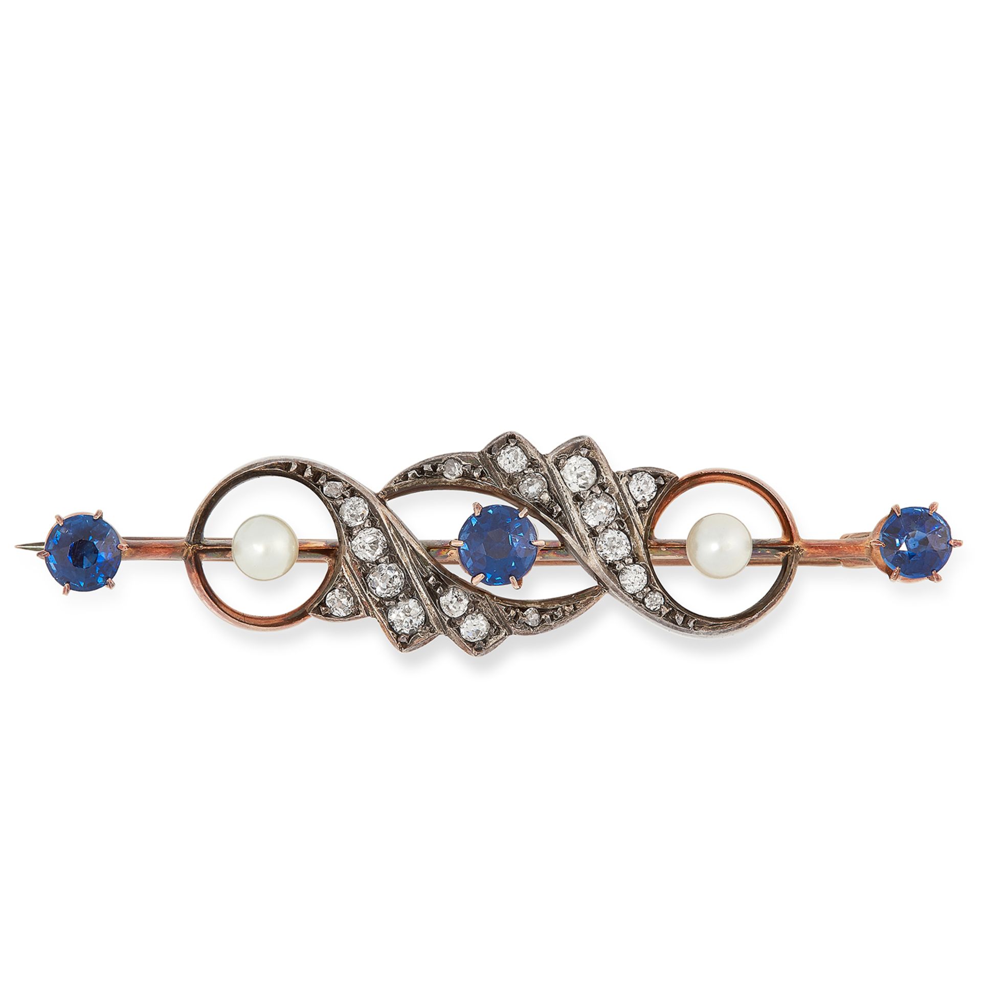 ANTIQUE SAPPHIRE, DIAMOND AND PEARL BROOCH set with three round cut sapphires, old cut diamonds