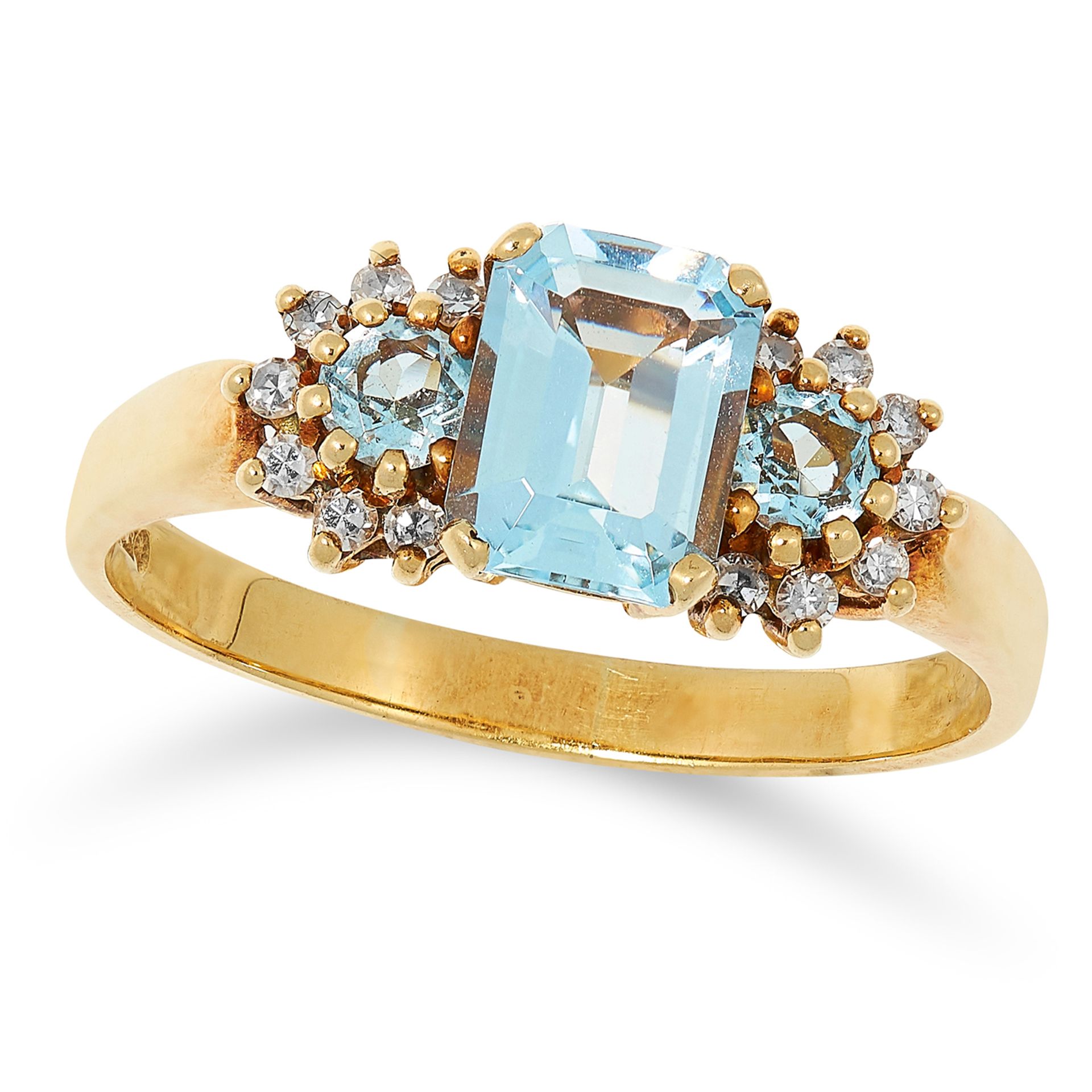 AQUAMARINE AND DIAMOND DRESS RING set with an emerald cut aquamarine between two round cut