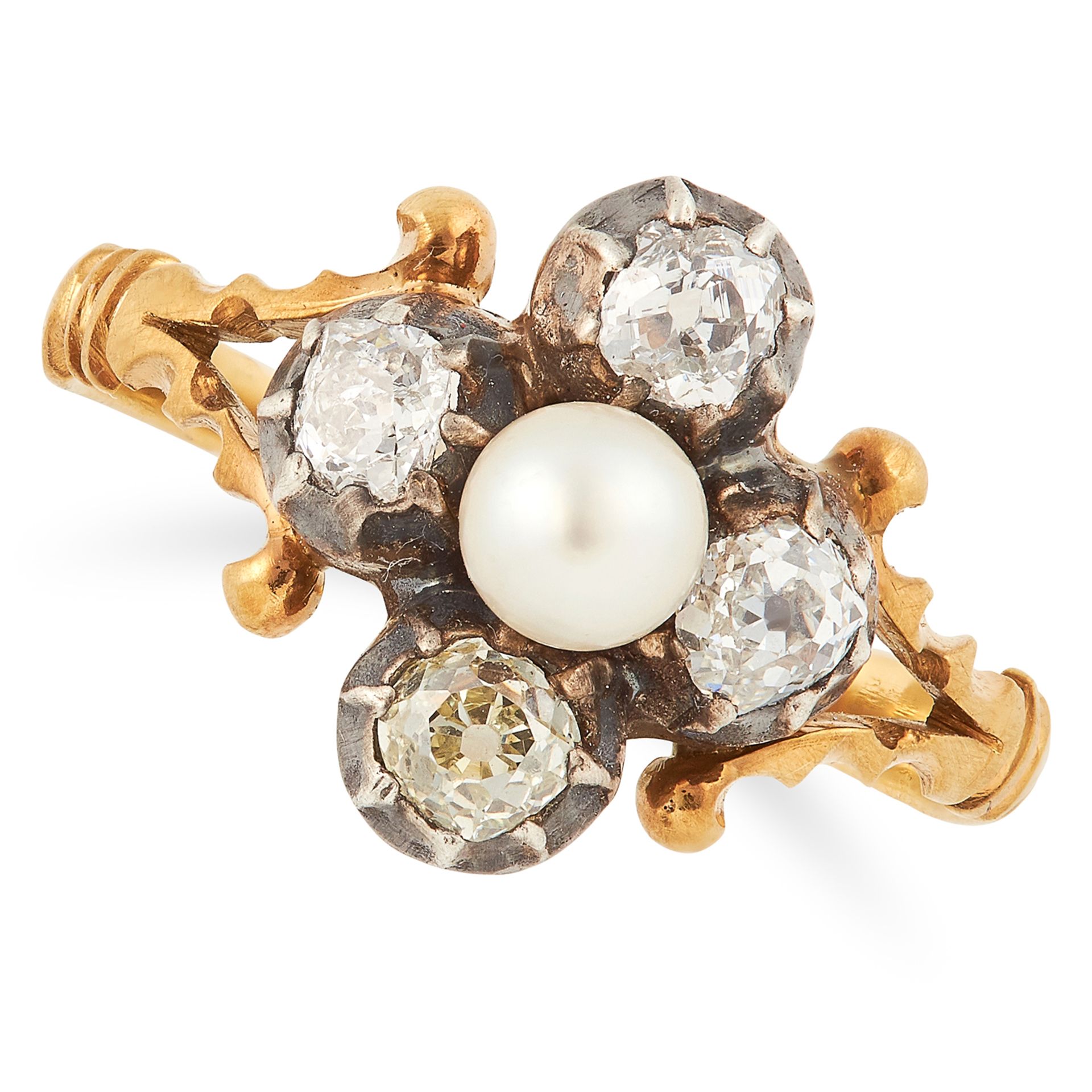 PEARL AND DIAMOND RING comprising of a pearl and old cut diamonds, size O / 7, 3.5g.