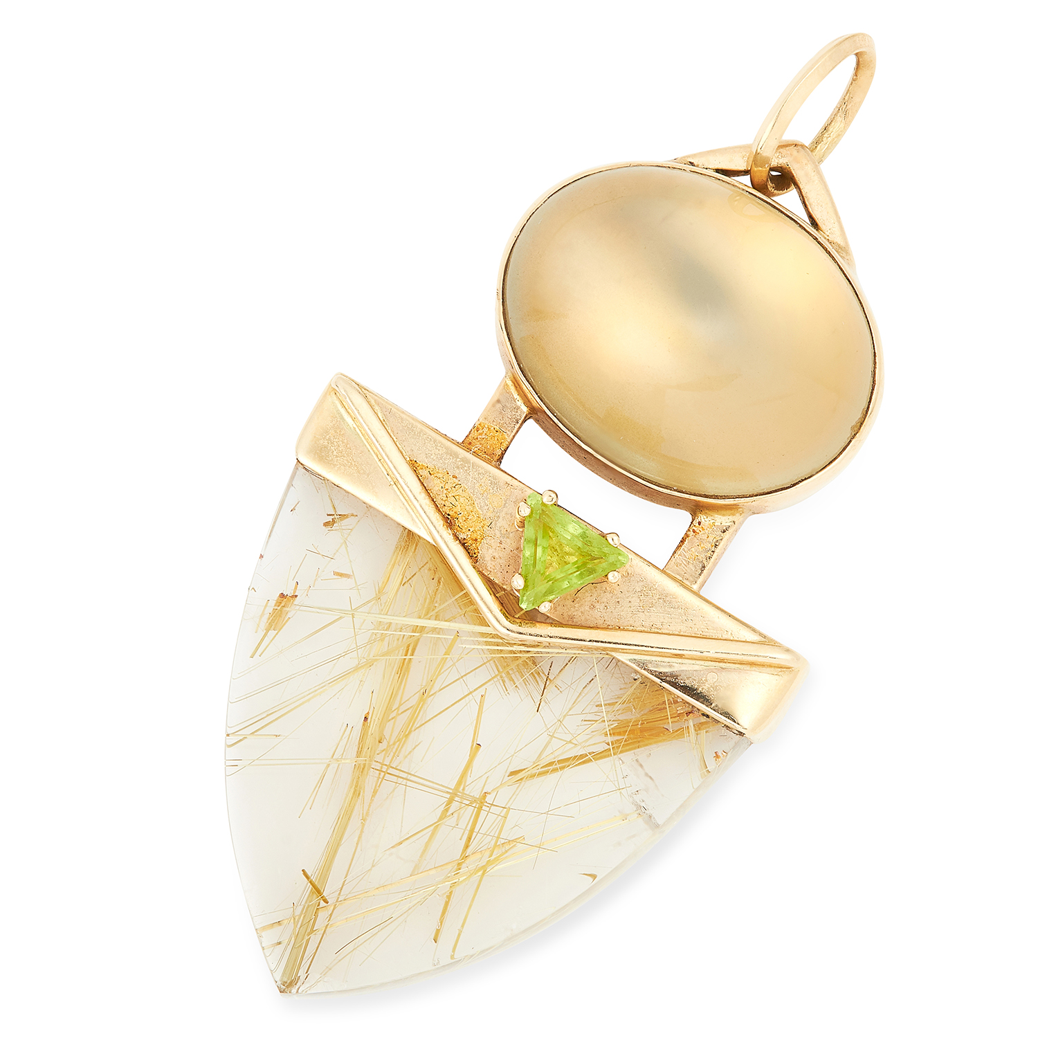 RUTILATED QUARTZ, MOONSTONE AND PERIDOT PENDANT, PASA set with a polished rutilated quartz, a