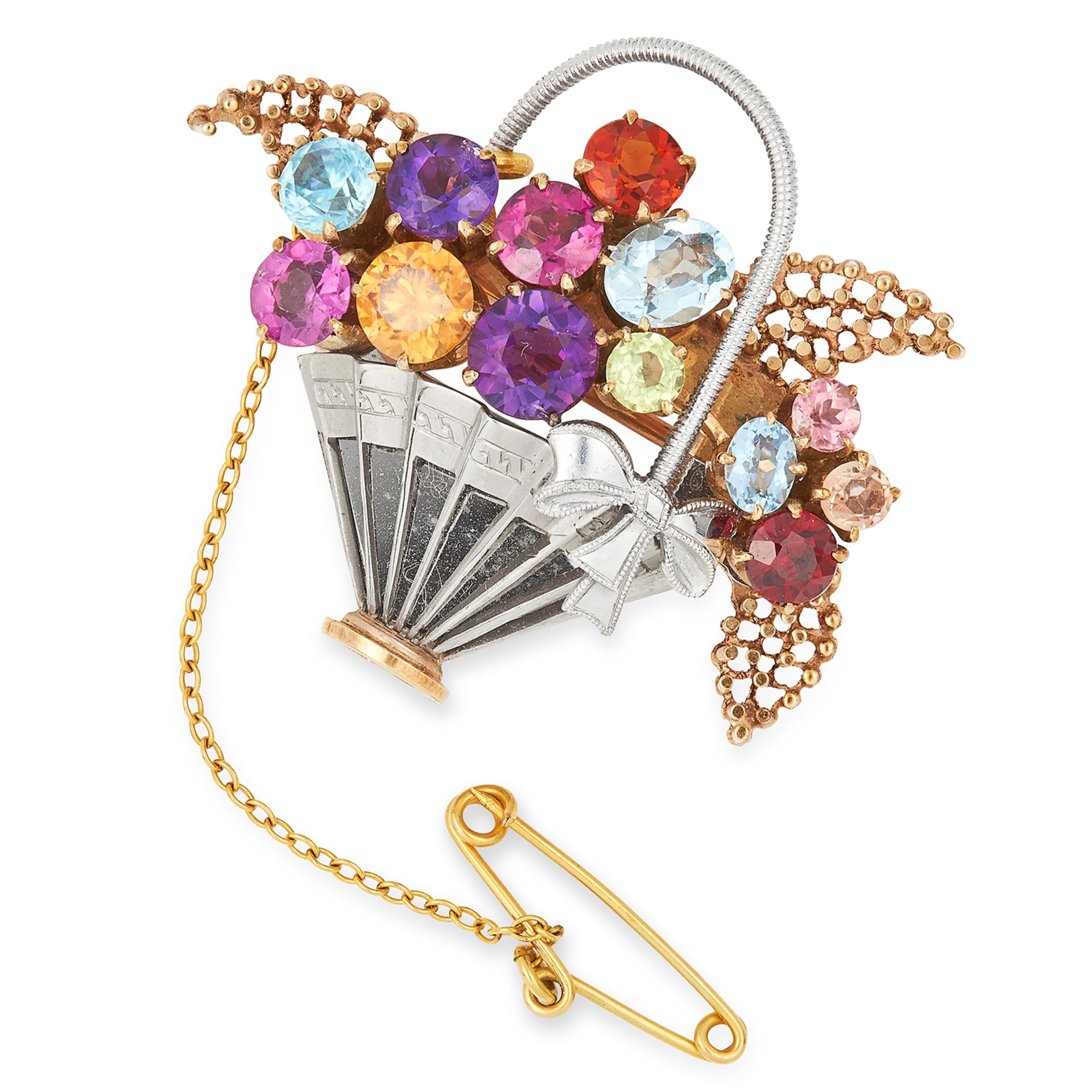 GEMSET GIARDINETTO BASKET BROOCH set with various coloured gemstones, 4cm, 11.9g.