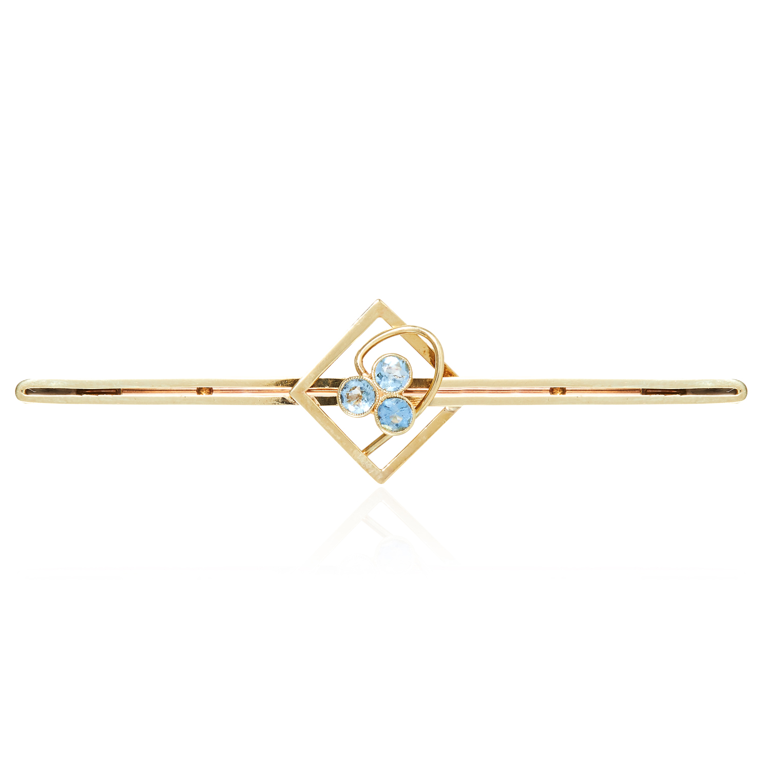 AQUAMARINE BAR BROOCH set with three round cut aquamarines, 5.1cm, 1.9g.