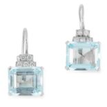 AQUAMARINE AND DIAMOND EARRINGS each set with round cut diamonds and an emerald cut aquamarine, 2.