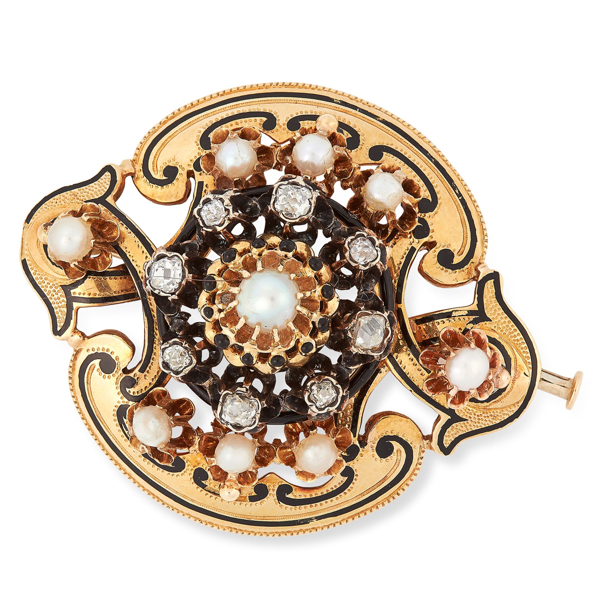 ANTIQUE VICTORIAN PEARL, DIAMOND AND ENAMEL BROOCH set with pearls, old cut diamonds and black