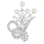 PEARL AND DIAMOND SPRAY BROOCH set with pearls and round cut diamonds, 4.5cm, 8.8g.