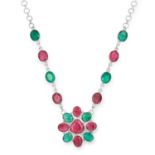 RUBY AND EMERALD NECKLACE, designed as a flower, 46.5cm, 46.7g.