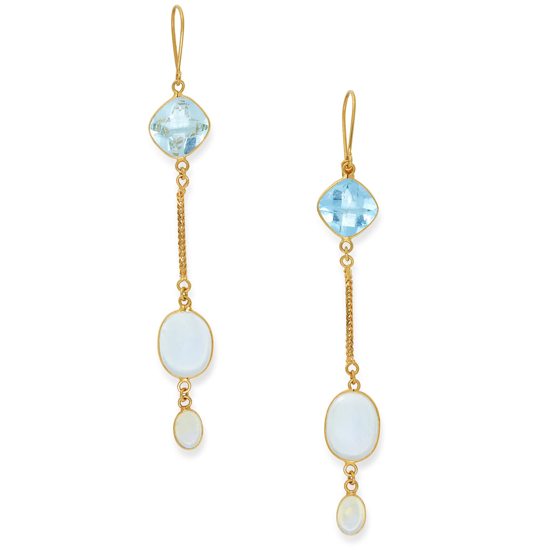 BLUE TOPAZ, MOONSTONE AND OPAL DROP EARRINGS set with a fancy cut blue topaz, a cabochon moonstone