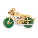 ARTICULATED JADE AND RUBY MOTORBIKE BROOCH designed as a motorcycle, relieved in detail and set with