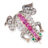 ANTIQUE RUBY, DIAMOND AND EMERALD FROG BROOCH set with cushion cut rubies, emeralds and rose cut