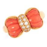 VINTAGE CORAL AND DIAMOND RING, BOUCHERON the bow motif is set with round cut diamonds and