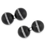 ART DECO ONYX AND DIAMOND CUFFLINKS each comprising of two polished onyx set with rose cut diamonds,