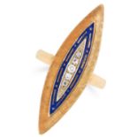 ANTIQUE DIAMOND AND ENAMEL RING comprising of a marquise face set with round cut diamonds and blue