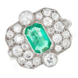 EMERALD AND DIAMOND CLUSTER RING, IN ART DECO DESIGN set with an emerald cut emerald in a cluster of