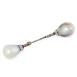 ANTIQUE NATURAL SALTWATER PEARL AND DIAMOND JABOT PIN set at either end with two pearls measuring