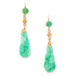 CHINESE NATURAL JADEITE JADE EARRINGS each set with cabochon jadeite and suspending a carved jadeite