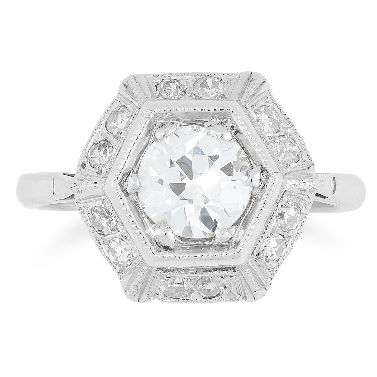 0.82 CARAT DIAMOND RING in Art Deco design set with a round cut diamond of approximately 0.82 carats