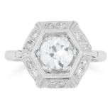 0.82 CARAT DIAMOND RING in Art Deco design set with a round cut diamond of approximately 0.82 carats