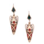 ANTIQUE SCOTTISH HARDSTONE URN EARRINGS in Etruscan revival manner, designed as urns, the