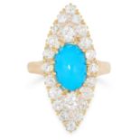 TURQUOISE AND DIAMOND CLUSTER RING the marquise face is set with a cabochon turquoise and round