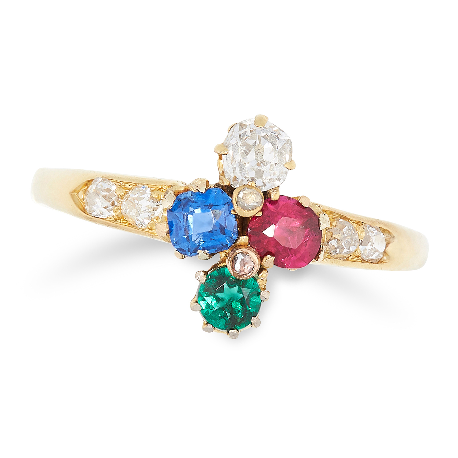 A SAPPHIRE, RUBY, EMERALD AND DIAMOND RING, set with a cushion cut sapphire, ruby, emerald and old