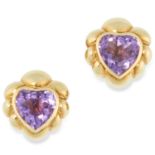 AMETHYST HEART EARRINGS each set with a heart cut amethyst in gold border, 2.1cm, 21.2g.